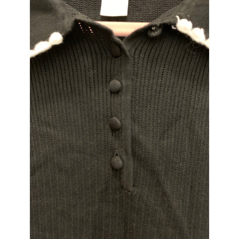 Caroline Constas Womens M Black Short Sleeve Knit Polo White Crochet Trim Top - Picture 5 of 8